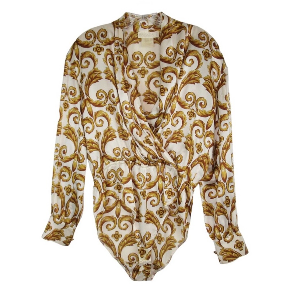 ESCADA Vintage Silk Leaf Scroll Bodysuit Shaw Surplice Neckline Womens 34 US 4